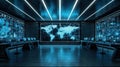 Global Network Control Room with Futuristic Technology Interface and World Map Display Royalty Free Stock Photo