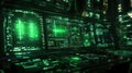 Futuristic control room showing data interface and green code Royalty Free Stock Photo