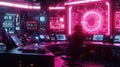 Futuristic control room technology sci-fi environment digital interface neon aesthetics immersive viewpoint Royalty Free Stock Photo