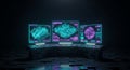 Futuristic control room with three large screens displaying blue and purple holographic interface in a dark high-tech environment Royalty Free Stock Photo