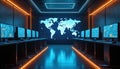 Futuristic control room with wall map, rows of monitors showing data. Global network hub with digital displays, data analysis, Royalty Free Stock Photo