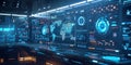 Futuristic Control Room with World Map Display. created by generative artificial intelligence Royalty Free Stock Photo