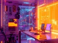Futuristic control roomcommand center with a high-tech desk, multiple screens displaying vibrant colors, computer