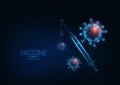 Futuristic coronavirus Covid-19 vaccine concept on dark blue background.
