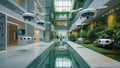 Futuristic corporate atrium with flying drones and robotic lawnmowers navigating a sustainable workplace Royalty Free Stock Photo