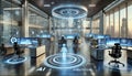 Futuristic corporate office utilizing ai powered workstations and holographic displays
