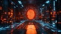 Futuristic Corridor with Glowing Fingerprint Scan