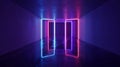 Futuristic corridor with glowing neon rectangles and reflections Royalty Free Stock Photo