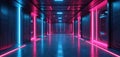 Futuristic corridor interior with blue and pink neon lights. Sci-fi architecture with metallic walls and doors. Dark and modern Royalty Free Stock Photo