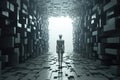 Futuristic corridor with a man in front of it 3D rendering, Humanoid robot walks through the fourth-dimensional space, AI