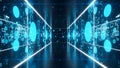 Futuristic Corridor with Neon Lights and Digital Data Streams Royalty Free Stock Photo
