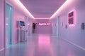 futuristic corridor in sci fi laboratory with neon lights and AI technology Royalty Free Stock Photo