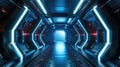 Futuristic corridor in spaceship, interior of starship or space station. Inside dark room of spacecraft with led light, computer Royalty Free Stock Photo