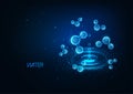 Futuristic cosmetology research banner concept with glowing low polygonal water molecules and puddle