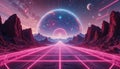 Futuristic cosmic scene featuring a neon pink grid path flanked by jagged
