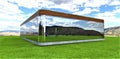 Futuristic cottage flying above green lawn using antigravitation mechanizm. Fully mirror glass walls. Ecological mountains region Royalty Free Stock Photo