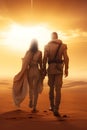 futuristic couple walking on a hot sunset desert landscape. Royalty Free Stock Photo