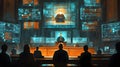 Futuristic Courtroom with Digital Screens and Judge Presiding