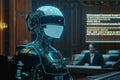 Futuristic courtroom powered by artificial intelligence featuring a robotic judge and advanced legal technology in a high-tech Royalty Free Stock Photo
