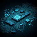 Futuristic CPU Circuit Board Concept with Glowing Blue Pathways. Royalty Free Stock Photo