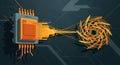 Futuristic CPU with Dynamic Orange Light Trails on Dark Background Royalty Free Stock Photo