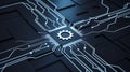 Futuristic CPU Microchip with Gear Symbol on Blue Circuitry Royalty Free Stock Photo