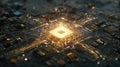 Futuristic CPU Microchip Glowing on Motherboard with Golden Data Signals and Energy Bursts. Powerful Central Processing Unit and Royalty Free Stock Photo