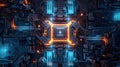 Futuristic CPU motherboard with glowing orange and blue neon lights, advanced 3D microchip processor architecture for artificial Royalty Free Stock Photo