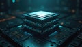 Futuristic CPU stack in dark tech setting. Central processing unit, processor, circuit board with chips, computer hardware. Royalty Free Stock Photo