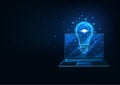 Futuristic creative business idea concept with glowing low polygonal laptop and light bulb