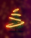 Futuristic creative cyberpunk concept of Christmas tree with neon hoops on urban dark background. New year party