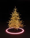 Futuristic creative cyberpunk concept of gold Christmas tree with neon hoop on urban dark background. New year party