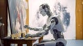 futuristic creative robot painter draws a colorful picture on a canvas