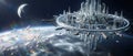 Futuristic Crystal Ring City Station Orbiting a Shimmering World With Spacecraft and Planets Royalty Free Stock Photo