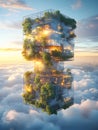 Futuristic cube building with trees floating in the sky above the clouds at golden hour light Royalty Free Stock Photo