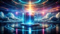 A futuristic cube displayed on a sleek platform amidst a dreamlike celestial landscape, illuminated by vibrant neon lights and Royalty Free Stock Photo