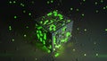 Futuristic cube with glowing green elements 3D rendering