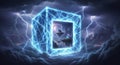 Futuristic cube portal with floating islands and lightning strikes Royalty Free Stock Photo