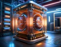 A futuristic cube-shaped machine with intricate wiring and glowing components