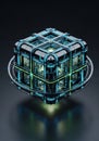 Futuristic cubic structure made of interconnected metallic elements with glowing bl Royalty Free Stock Photo