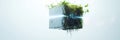Futuristic cubic structure with moss and technology, illuminated with a blue glow in minimalistic light setting. Eco