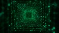Futuristic cubic tunnel consisting of a flow of particles in cyberspace. Futuristic 3d portal. Digital technology web flow. Big