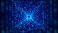 Futuristic cubic tunnel consisting of a flow of particles in cyberspace. Futuristic 3d portal. Digital technology web flow. Big
