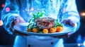 Futuristic cuisine presentation with digital connections and gourmet dish Royalty Free Stock Photo