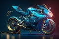 Futuristic custom angled light motorcycle concept with glowing blue tones. Neural network generated art Royalty Free Stock Photo