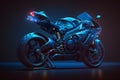 Futuristic custom angled light motorcycle concept with glowing blue tones. Neural network generated art Royalty Free Stock Photo