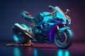 Futuristic custom angled light motorcycle concept with glowing blue tones. Neural network generated art Royalty Free Stock Photo