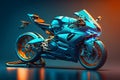 Futuristic custom angled light motorcycle concept with glowing blue tones. Neural network generated art