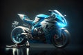 Futuristic custom angled light motorcycle concept with glowing blue tones. Neural network generated art