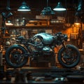 Futuristic Custom Motorcycle in Workshop with Tools and Gadgets Royalty Free Stock Photo